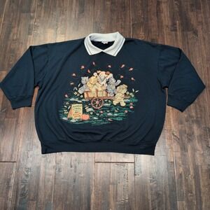 Vintage Basic Editions Womens 3X Navy Blue Collared Sweatshirt Fall Kitten Puppy